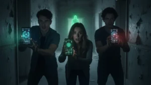 Três jovens seguram celulares com interfaces de rastreamento paranormal em um corredor escuro e deteriorado. No fundo, uma figura fantasmagórica esverdeada aparece, criando um clima de tensão e mistério. A expressão de susto dos personagens destaca a atmosfera sobrenatural da cena.