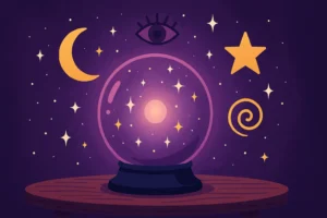 Ilustração mística com bola de cristal brilhante sobre uma mesa, cercada por símbolos espirituais, usada para ilustrar um app para descobrir seu passado.