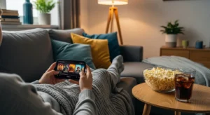 Pessoa assistindo filmes pelo celular com pipoca e refrigerante ao lado, simbolizando o uso de apps de filmes sem anúncios para curtir um cinema em casa.