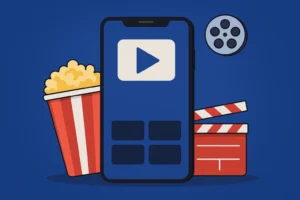 Ilustração digital de um smartphone com ícone de play, pipoca, claquete e rolo de filme ao redor, representando apps de filmes e séries grátis e sem anúncio.