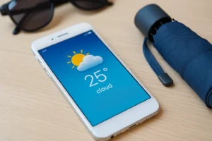 Smartphone exibindo aplicativo de clima com temperatura de 25 graus ao lado de óculos e guarda-chuva, ilustrando qual a previsão do tempo