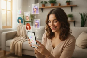 Mulher sorridente testa diferentes estilos e cores usando aplicativos que simulam cabelos no celular. Vários visuais aparecem ao redor do aparelho, como cabelos azul, vermelho, lilás, loiro e branco, em formato holográfico, dentro de uma sala de estar iluminada e aconchegante.