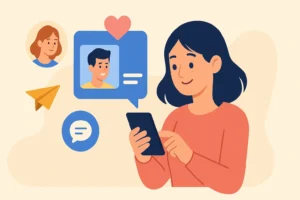 Ilustração digital de uma jovem usando o celular em um app grátis para fazer amizades, conectando-se com pessoas ao redor do mundo.