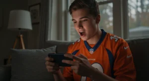 Jovem usando camiseta laranja da NFL assiste animado ao celular, sentado no sofá de casa.
