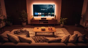 Sala de estar moderna com TV exibindo Google TV, destacando os canais liberados disponíveis para assistir.
