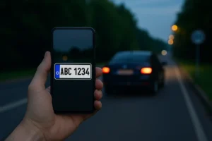 Mão segurando celular exibindo placa de veículo para consulta, com carro ao fundo, simbolizando praticidade ao consultar suas multas pelo celular.