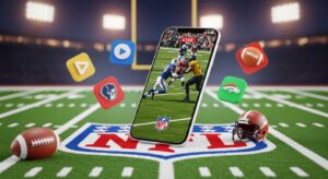 Imagem mostrando um campo de futebol americano com um celular transmitindo uma partida da NFL ao vivo. Ao redor do celular, ícones de aplicativos relacionados ao futebol estão flutuando, sugerindo o uso de apps para assistir NFL diretamente pelo celular.