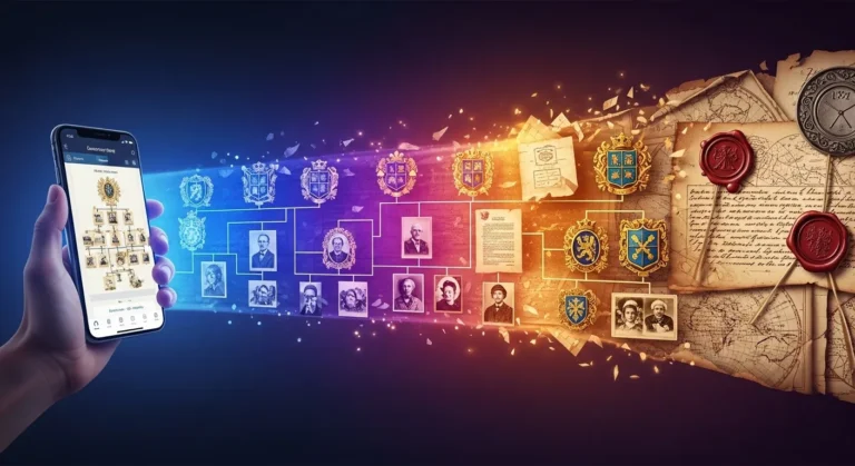 Aplicativo no celular mostrando árvore genealógica digital, brasões e fotos de antepassados, revelando a história do seu sobrenome.