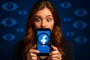 Pessoa segurando celular com interface fictícia de app do Facebook, exibindo ícones de perfis misteriosos para mostrar quem espionou você.