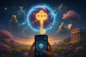 Pessoa segura um celular com símbolo de árvore genealógica, cercada por elementos históricos e culturais em um cenário mágico; representação visual de um app para ver suas origens familiares – imagem relacionada a apps para saber suas vidas passadas.