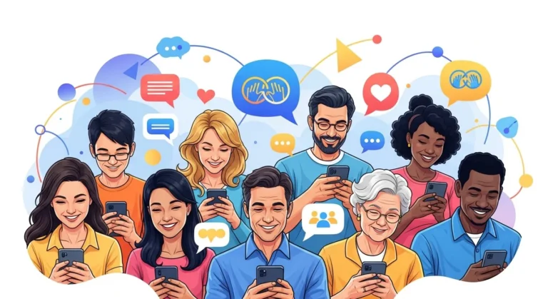 Grupo diverso de pessoas de diferentes idades e etnias sorrindo enquanto usam seus celulares, com ícones de bate-papo, corações e conexões flutuando ao fundo, representando interação e amizade online.