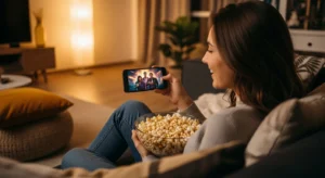 Mulher sorridente sentada no sofá, segurando uma tigela de pipoca e assistindo a um filme no celular em um ambiente aconchegante e iluminado suavemente.