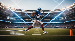 Jogador de futebol americano correndo com a bola em um estádio lotado, sob luzes intensas e feixes cruzados no céu, representando ação e energia durante um jogo da NFL.