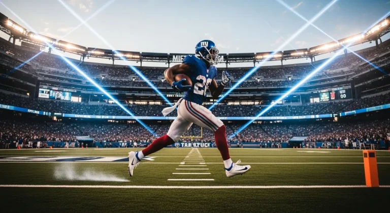 Jogador de futebol americano correndo com a bola em um estádio lotado, sob luzes intensas e feixes cruzados no céu, representando ação e energia durante um jogo da NFL.