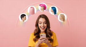Mulher sorridente segurando o celular em frente a um fundo rosa, com diferentes estilos e cores de cabelo exibidos acima dela em formato de arco, representando simulação virtual de cortes e tinturas.