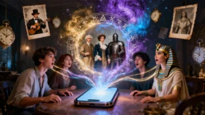 Grupo de jovens sentados em volta de uma mesa observa, surpreso, um celular emitindo luzes místicas e projeções de personagens históricos, como uma rainha, um cavaleiro e uma faraó, simbolizando a descoberta de vidas passadas; ambiente mágico com relógios antigos e galáxia ao fundo.