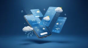 Smartphone exibindo aplicativos de previsão do tempo flutuando em um fundo azul, com ícones de nuvens, sol, chuva e vento representando diferentes condições climáticas.