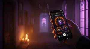 Mão segurando um smartphone com aplicativo de detecção de fantasmas aberto, exibindo medições luminosas em um corredor escuro iluminado por velas, com uma silhueta misteriosa ao fundo e janelas com luz roxa.
