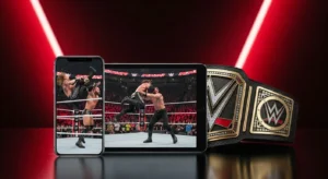 Imagem mostrando uma luta da WWE sendo exibida em um smartphone e em um tablet, com o cinturão oficial da WWE ao lado e luzes vermelhas de fundo, representando o tema de assistir WWE em qualquer lugar.