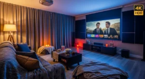 Sala de cinema em casa com sofá aconchegante, pipoca e TV exibindo filme em 4K HDR, criando um ambiente confortável e moderno para assistir filmes e séries.