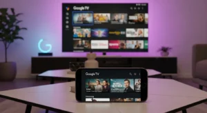 Celular exibindo interface do app Google TV em uma mesa, com TV ao fundo mostrando a mesma tela de streaming, em uma sala moderna iluminada por luzes coloridas.