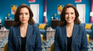 Comparação lado a lado de uma jovem mulher com cabelo castanho escuro e liso, vestindo uma jaqueta jeans azul em um ambiente interno moderno com parede azul, almofadas coloridas e decoração contemporânea. No lado esquerdo, ela está com expressão neutra; no lado direito, ela sorri amplamente, transmitindo contraste entre seriedade e alegria.