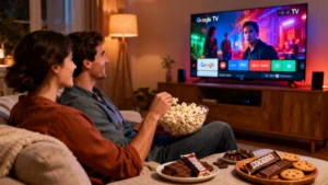 Casal sentado no sofá assistindo ao Google TV em uma sala aconchegante, com uma tigela de pipoca e chocolates sobre a mesa, enquanto a televisão exibe o menu de canais e aplicativos coloridos.