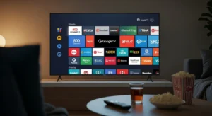 Sala de estar moderna com uma televisão exibindo a interface do Google TV, mostrando diversos aplicativos e canais. Em primeiro plano, há uma mesa com copos, pipoca e um controle remoto, criando um clima aconchegante e convidativo para assistir filmes.