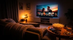Sala de estar aconchegante à noite, com sofá coberto por manta de tricô, tigela de pipoca e controle remoto sobre uma mesinha de madeira. Uma TV grande exibe uma plataforma de streaming com filmes e séries, iluminando o ambiente com luz suave e acolhedora.