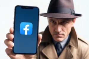 Homem com chapéu e sobretudo segurando um smartphone com o ícone do Facebook na tela, criando uma atmosfera de mistério como se estivesse investigando algo.