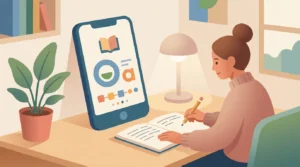 Ilustração moderna mostrando uma mulher adulta estudando em casa, escrevendo em um caderno enquanto acompanha uma lição de leitura e escrita exibida na tela grande de um smartphone. O ambiente é iluminado, com planta, mesa e luminária ao fundo, transmitindo sensação de foco e aprendizado.