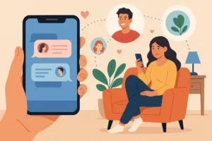 Ilustração moderna mostrando uma mulher jovem sentada em uma poltrona usando o celular enquanto conversa em um aplicativo de mensagens. Em primeiro plano, uma mão segura um smartphone exibindo balões de bate-papo. Ao fundo, ícones de pessoas conectadas representam novas amizades online.
