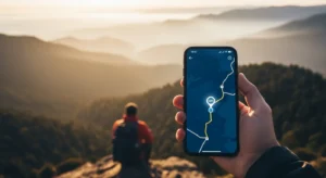 Pessoa segurando um smartphone exibindo um mapa com rota GPS em destaque, enquanto outra pessoa observa a paisagem montanhosa ao fundo durante o pôr do sol.