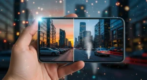 Mão segurando um smartphone que exibe duas cenas urbanas lado a lado: à esquerda um pôr do sol entre prédios com carros estacionados; à direita uma rua movimentada ao anoitecer com prédios espelhados e luzes borradas de carros passando. A imagem tem elementos de brilho e efeitos tecnológicos ao fundo.