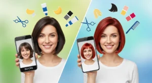 Mulher sorrindo segura um celular mostrando sua própria imagem com cabelo diferente, representando antes e depois de uma transformação. De um lado, ela tem cabelo castanho; do outro, cabelo ruivo. Ao redor, há ícones coloridos de tesoura, pente e tubos de tinta, simbolizando mudança de corte e cor de cabelo.