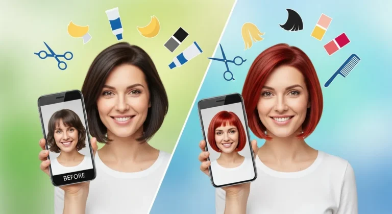 Mulher sorrindo segura um celular mostrando sua própria imagem com cabelo diferente, representando antes e depois de uma transformação. De um lado, ela tem cabelo castanho; do outro, cabelo ruivo. Ao redor, há ícones coloridos de tesoura, pente e tubos de tinta, simbolizando mudança de corte e cor de cabelo.