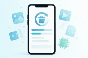 Smartphone no centro da imagem exibindo uma tela de limpeza de armazenamento, com barras de progresso e ícone de lixeira. Ao redor, flutuam ícones de fotos, vídeos, documentos e cache sendo removidos. A paleta usa tons de azul, verde e branco, com estilo minimalista e visual de tecnologia limpa.