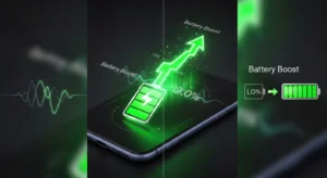 Ilustração de um celular recebendo aumento de energia com ícone verde de bateria subindo rapidamente, mostrando efeito visual de ‘Battery Boost’ e otimização de desempenho.