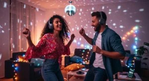 Casal se divertindo e dançando com fones de ouvido em casa, cercado por luzes coloridas e clima animado de festa enquanto ouvem música.