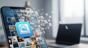 Tela de smartphone exibindo um app de recuperação de fotos, com miniaturas de imagens flutuando para fora do aparelho em direção ao ambiente, representando organização e resgate de fotos apagadas.