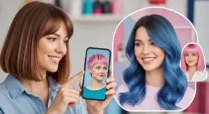 Mulher segurando um smartphone que mostra simulações de diferentes cores e cortes de cabelo, enquanto outras pré-visualizações de estilos coloridos aparecem ao lado, representando um app de transformação de cabelo.