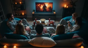 Um grupo de amigos assiste a um filme em uma sala aconchegante, com luz ambiente suave, pipoca e refrigerantes sobre a mesa, enquanto uma cena de ação intensa é exibida na TV.