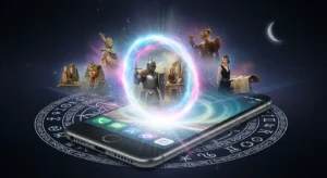 Smartphone sobre um círculo com símbolos místicos projeta um portal luminoso do qual emergem figuras de diferentes épocas — como um faraó, um cavaleiro medieval e uma mulher egípcia — representando a ideia de descobrir vidas passadas por meio da tecnologia.