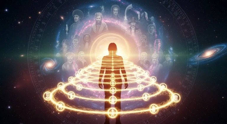 Silhueta humana iluminada caminhando por um caminho energético dourado, cercada por figuras de possíveis vidas passadas em um cenário cósmico com estrelas e galáxias ao fundo.