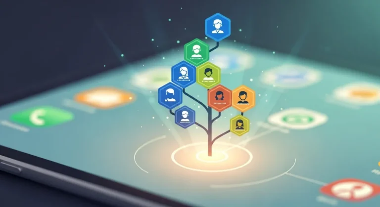 Ilustração de um tablet exibindo uma árvore genealógica digital, com ícones coloridos representando diferentes pessoas conectadas por linhas. A imagem simboliza a descoberta da árvore genealógica pelo sobrenome, mostrando como a tecnologia pode revelar as origens familiares de forma moderna e interativa.