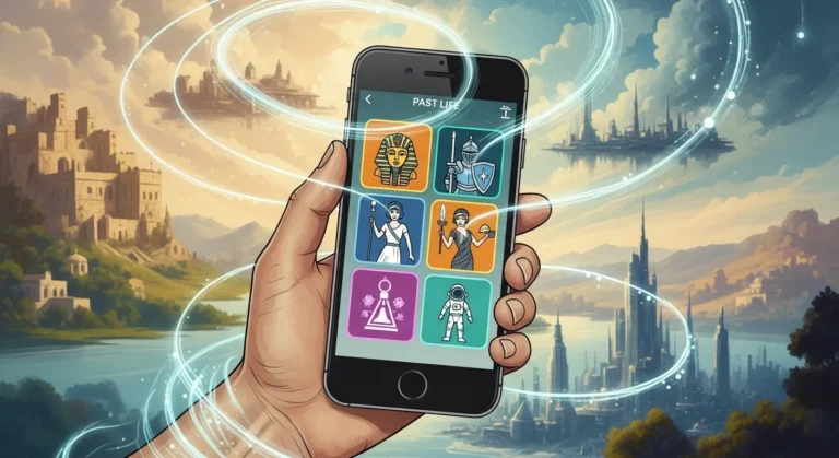Mão segurando um smartphone que mostra um aplicativo com ícones de diferentes personagens históricos — faraó, cavaleiro, guerreira e astronauta — simbolizando vidas passadas. Ao fundo, uma paisagem mística com cidades antigas e flutuantes, envolta por espirais de energia azul, representando a ideia de descobrir quem você foi em outras vidas através de um app místico.