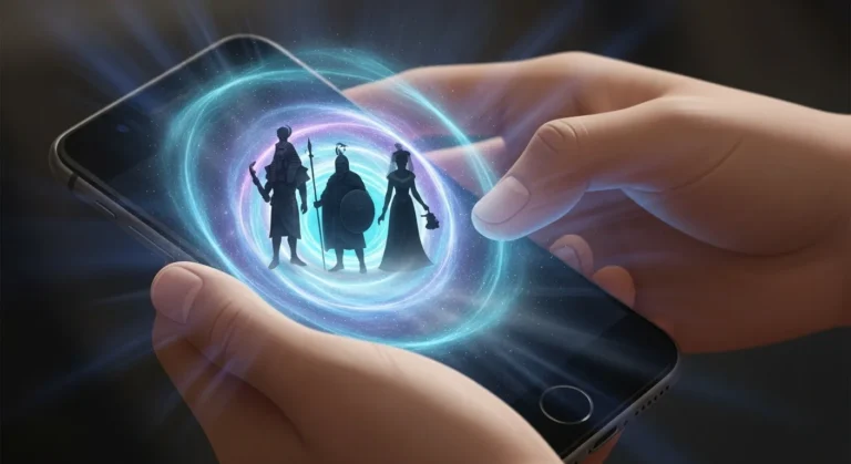 Mãos segurando um smartphone que exibe um portal luminoso em tons de azul, do qual emergem silhuetas de figuras antigas — um faraó, um guerreiro e uma mulher medieval. A imagem representa a ideia de descobrir vidas passadas por meio de um aplicativo místico no celular.