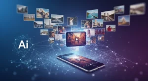 Representação visual de fotos sendo transformadas em vídeos por inteligência artificial, com imagens flutuando ao redor de um smartphone conectado a uma rede digital.