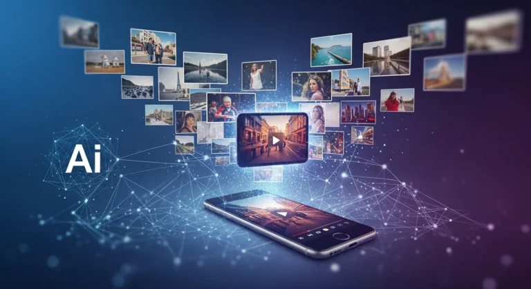 Representação visual de fotos sendo transformadas em vídeos por inteligência artificial, com imagens flutuando ao redor de um smartphone conectado a uma rede digital.