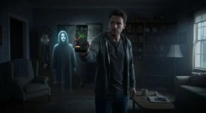 Homem segura um celular com um app de radar de fantasmas aberto, enquanto uma figura fantasmagórica aparece atrás dele em uma sala escura e antiga, criando um clima de suspense.